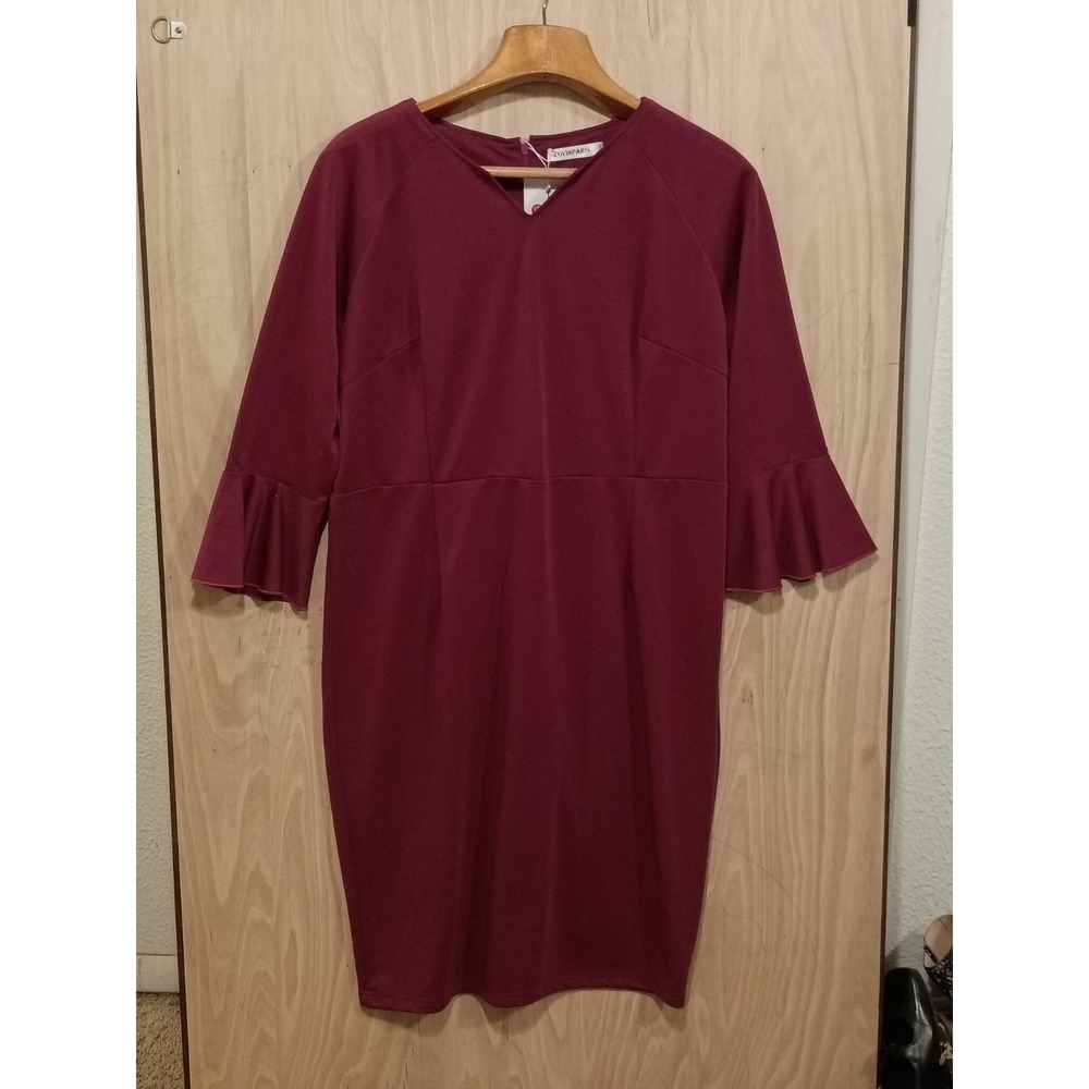 LovinParis New With Tag Bell-Sleeve Dress In Stretch Ponte In Granberry Red...